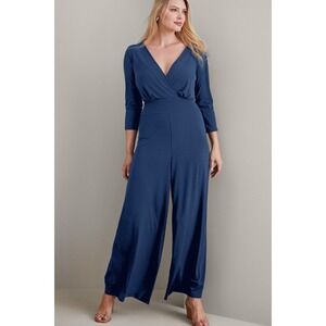 Soft Surroundings Penelope Long Sleeve Jumpsuit Women Large Navy Puff Sleeve